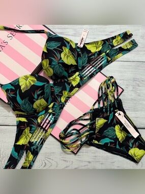 SET ✨ Victoria's Secret Black and Green Leaf Bombshell Pushup Brazilian Bikini